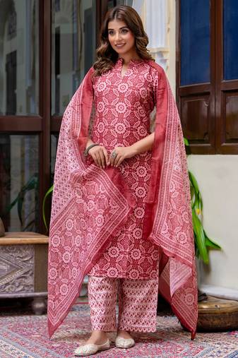 Floral printed pure cotton round neck kurta trouser and dupatta set