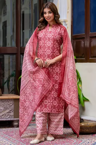 Floral printed  cotton round neck kurta trouser and dupatta set