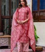 Floral printed pure cotton round neck kurta trouser and dupatta set