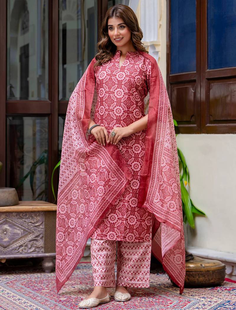 Floral printed pure cotton round neck kurta trouser and dupatta set