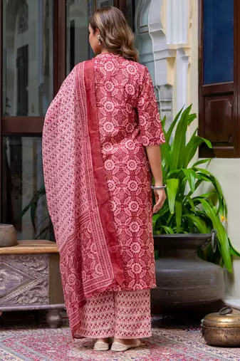 Floral printed  cotton round neck kurta trouser and dupatta set