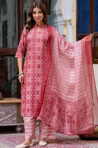 Floral printed  cotton round neck kurta trouser and dupatta set