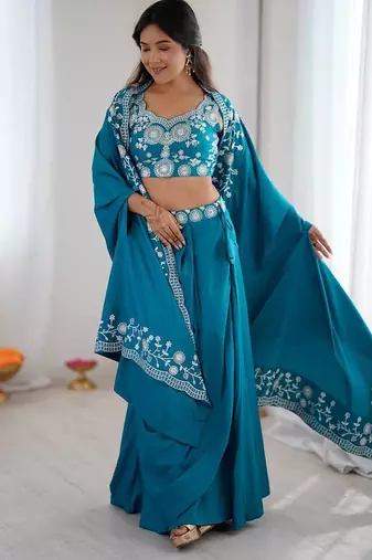 Teal Blue French Crepe Dhoti Set with Embroidered Choli & Shrug 
