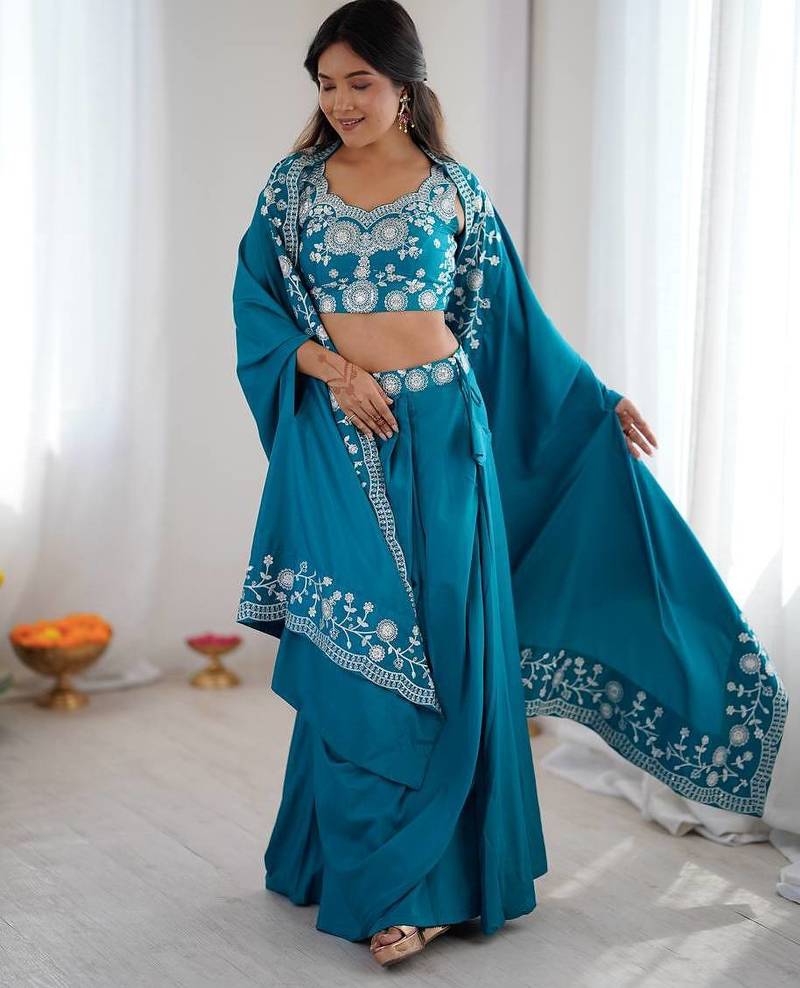 Teal Blue French Crepe Dhoti Set with Embroidered Choli & Shrug 