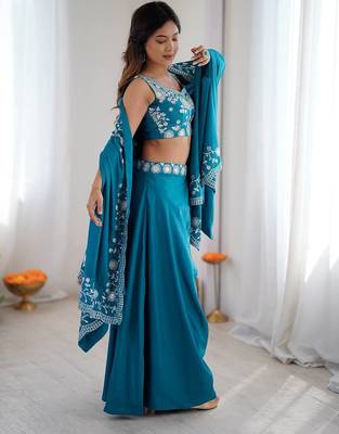 Teal Blue French Crepe Dhoti Set with Embroidered Choli & Shrug  2