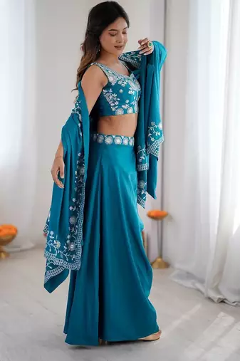 Teal Blue French Crepe Dhoti Set with Embroidered Choli & Shrug 