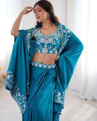 Teal Blue French Crepe Dhoti Set with Embroidered Choli & Shrug  3