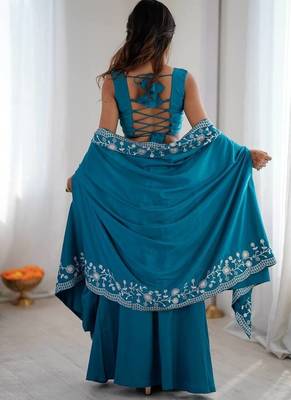 Teal Blue French Crepe Dhoti Set with Embroidered Choli & Shrug  4