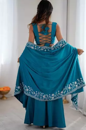 Teal Blue French Crepe Dhoti Set with Embroidered Choli & Shrug 