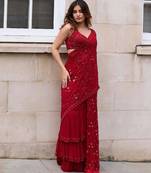 Red georgette embroidered saree with mirror work and ruffled skirt
