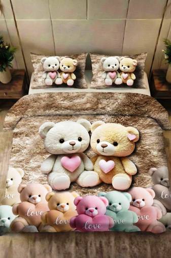 Kozy kids printed king size bedsheet with 2 pillow covers for kids room - love-teddy