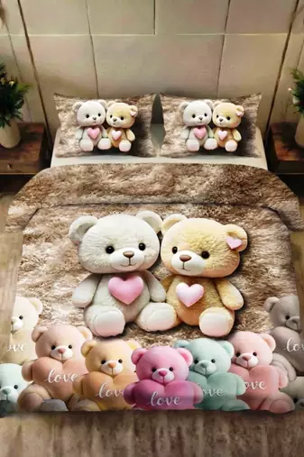 Kozy kids printed king size bedsheet with 2 pillow covers for kids room - love-teddy