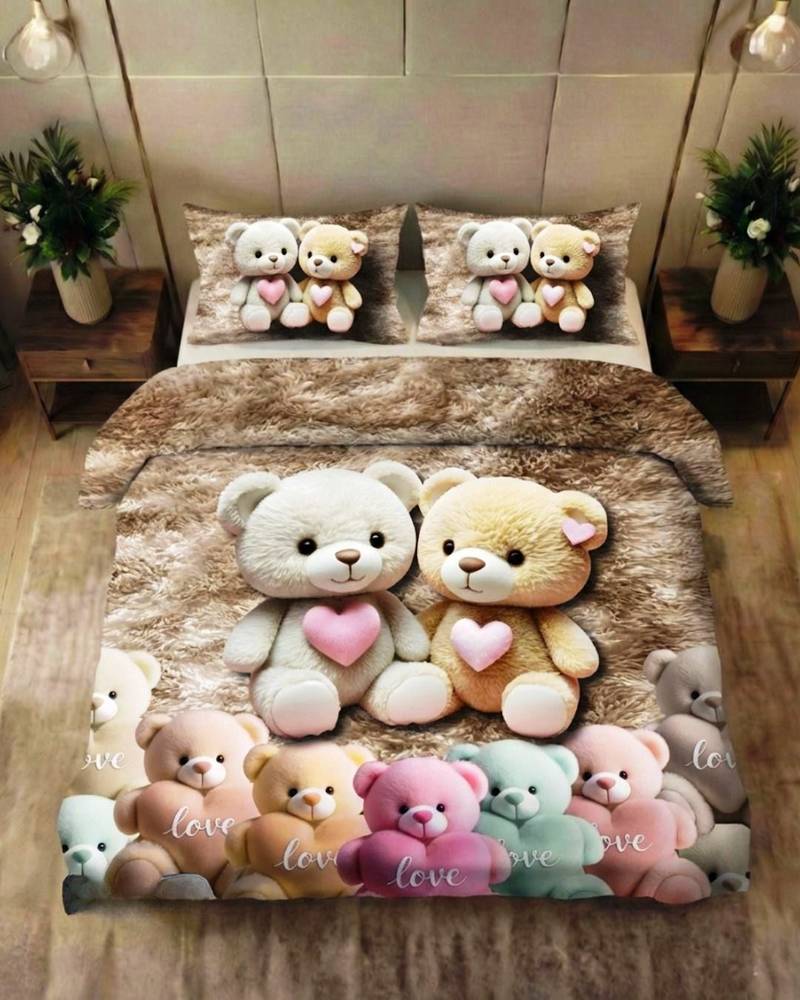 Kozy kids printed king size bedsheet with 2 pillow covers for kids room - love-teddy