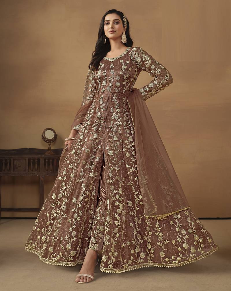  Beige embroidered Net Gown