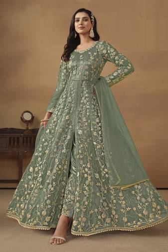 sage green Pant Style Net Gown