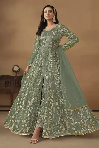 sage green Pant Style Net Gown