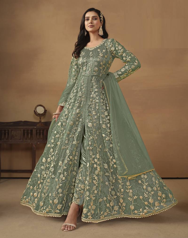 sage green Pant Style Net Gown