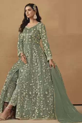 sage green Pant Style Net Gown