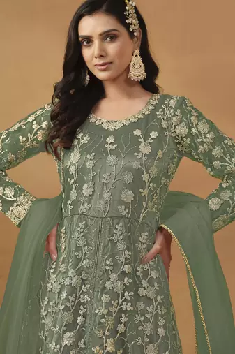 sage green Pant Style Net Gown