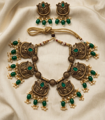 Gold plated-tone lotus motif jhumki necklace set with emerald-green accents