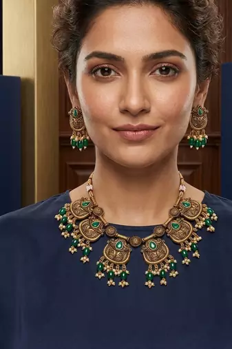 Gold plated-tone lotus motif jhumki necklace set with emerald-green accents