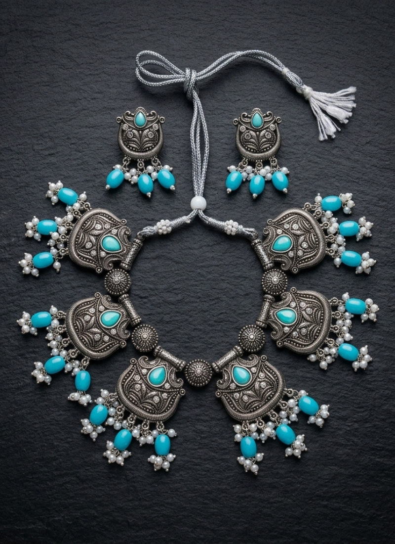 Oxidized silver-tone lotus motif jhumki necklace set with sapphire-blue accents