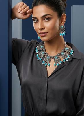 Oxidized silver-tone lotus motif jhumki necklace set with sapphire-blue accents 2