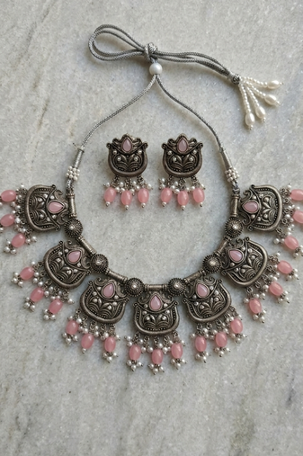 Oxidized silver-tone lotus motif jhumki necklace set with pink  accents
