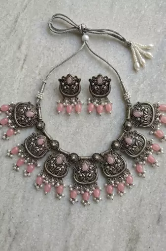 Oxidized silver-tone lotus motif jhumki necklace set with pink  accents