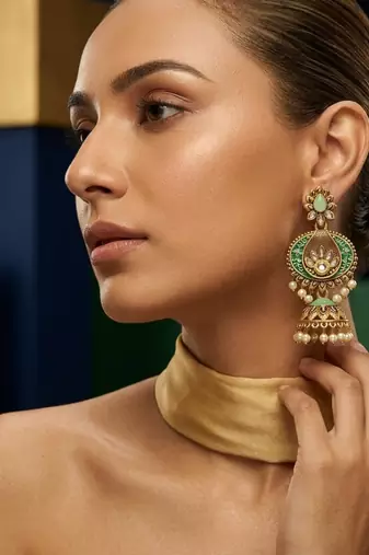 Traditional mint green meenakari & kundan antique gold-tone jhumka earrings with pearl drops
