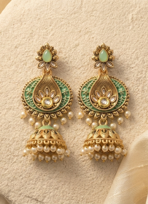 Traditional mint green meenakari & kundan antique gold-tone jhumka earrings with pearl drops 1