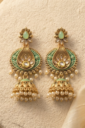 Traditional mint green meenakari & kundan antique gold-tone jhumka earrings with pearl drops