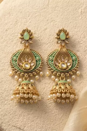 Traditional mint green meenakari & kundan antique gold-tone jhumka earrings with pearl drops