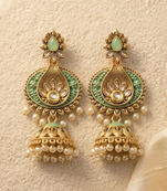Traditional mint green meenakari & kundan antique gold-tone jhumka earrings with pearl drops