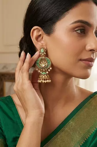 Traditional mint green meenakari & kundan antique gold-tone jhumka earrings with pearl drops