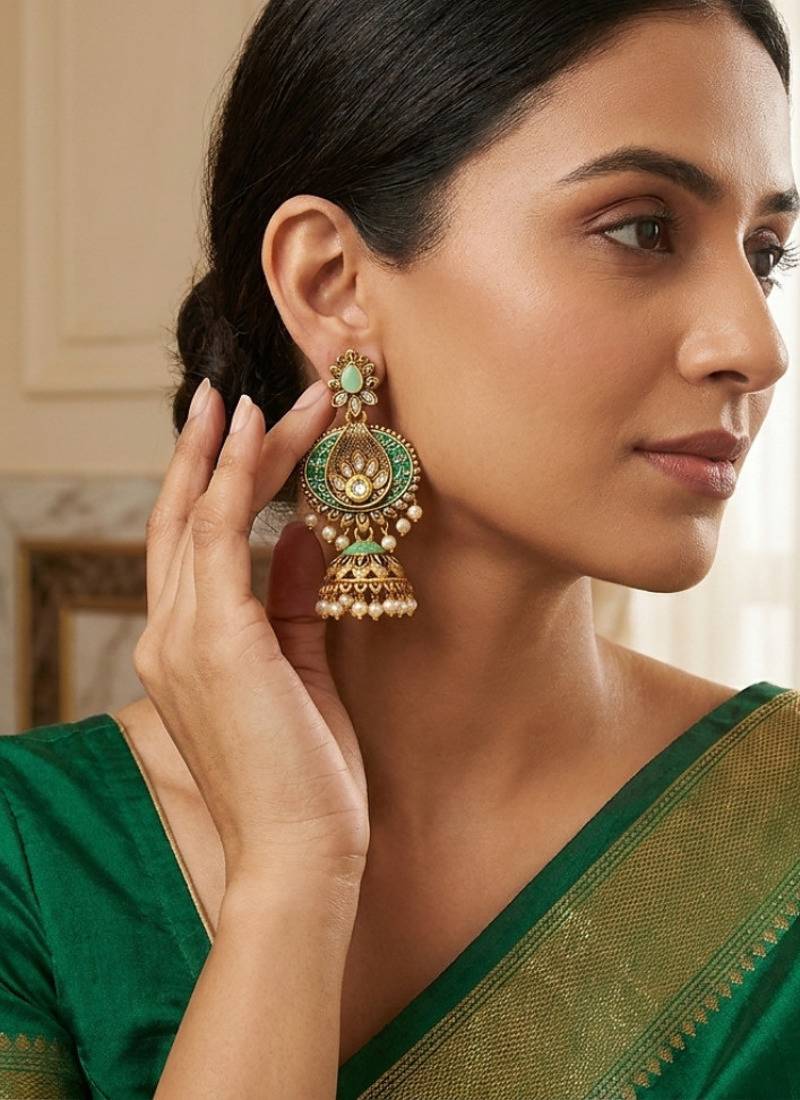 Traditional mint green meenakari & kundan antique gold-tone jhumka earrings with pearl drops