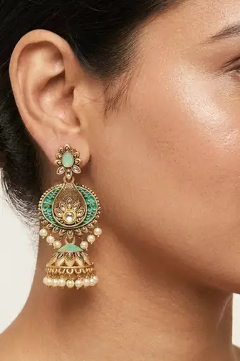 Traditional mint green meenakari & kundan antique gold-tone jhumka earrings with pearl drops