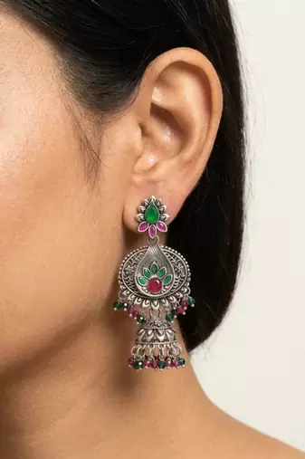 Oxidized silver-tone floral chandbali jhumka earrings with ruby & emerald-color accents