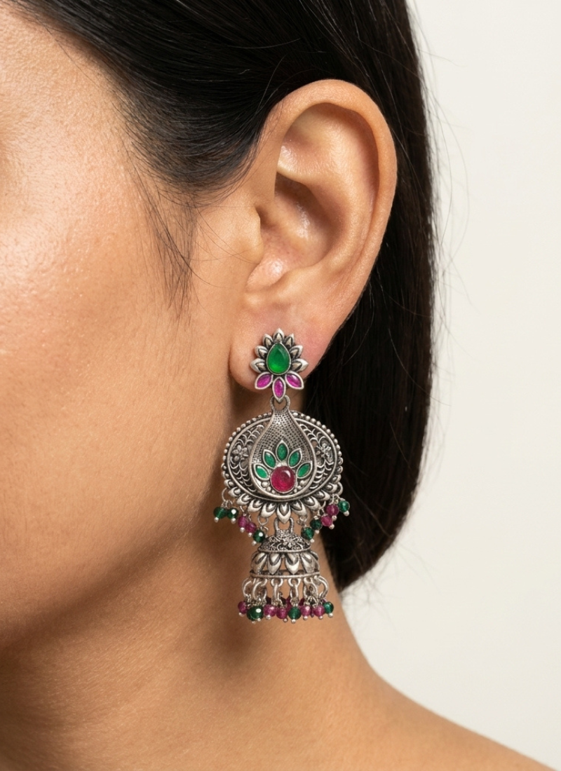 Oxidized silver-tone floral chandbali jhumka earrings with ruby & emerald-color accents