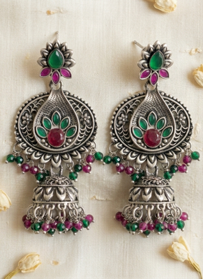 Oxidized silver-tone floral chandbali jhumka earrings with ruby & emerald-color accents 1