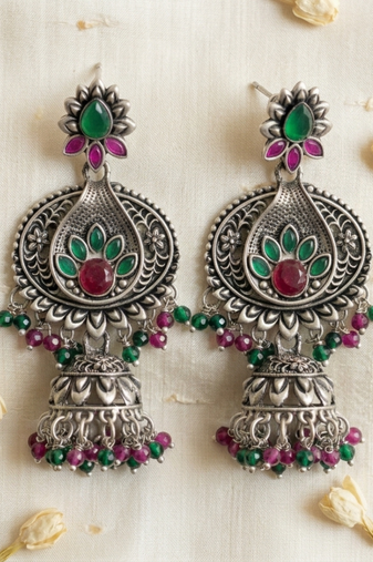 Oxidized silver-tone floral chandbali jhumka earrings with ruby & emerald-color accents