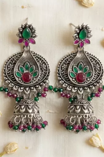 Oxidized silver-tone floral chandbali jhumka earrings with ruby & emerald-color accents