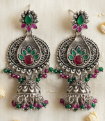 Oxidized silver-tone floral chandbali jhumka earrings with ruby & emerald-color accents