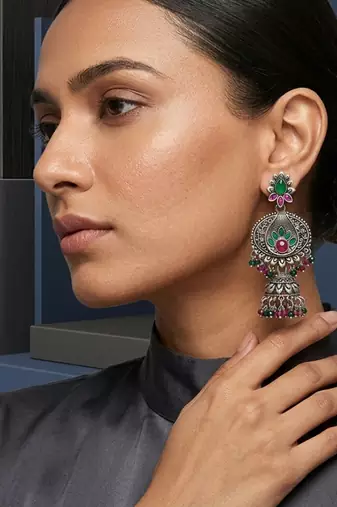 Oxidized silver-tone floral chandbali jhumka earrings with ruby & emerald-color accents