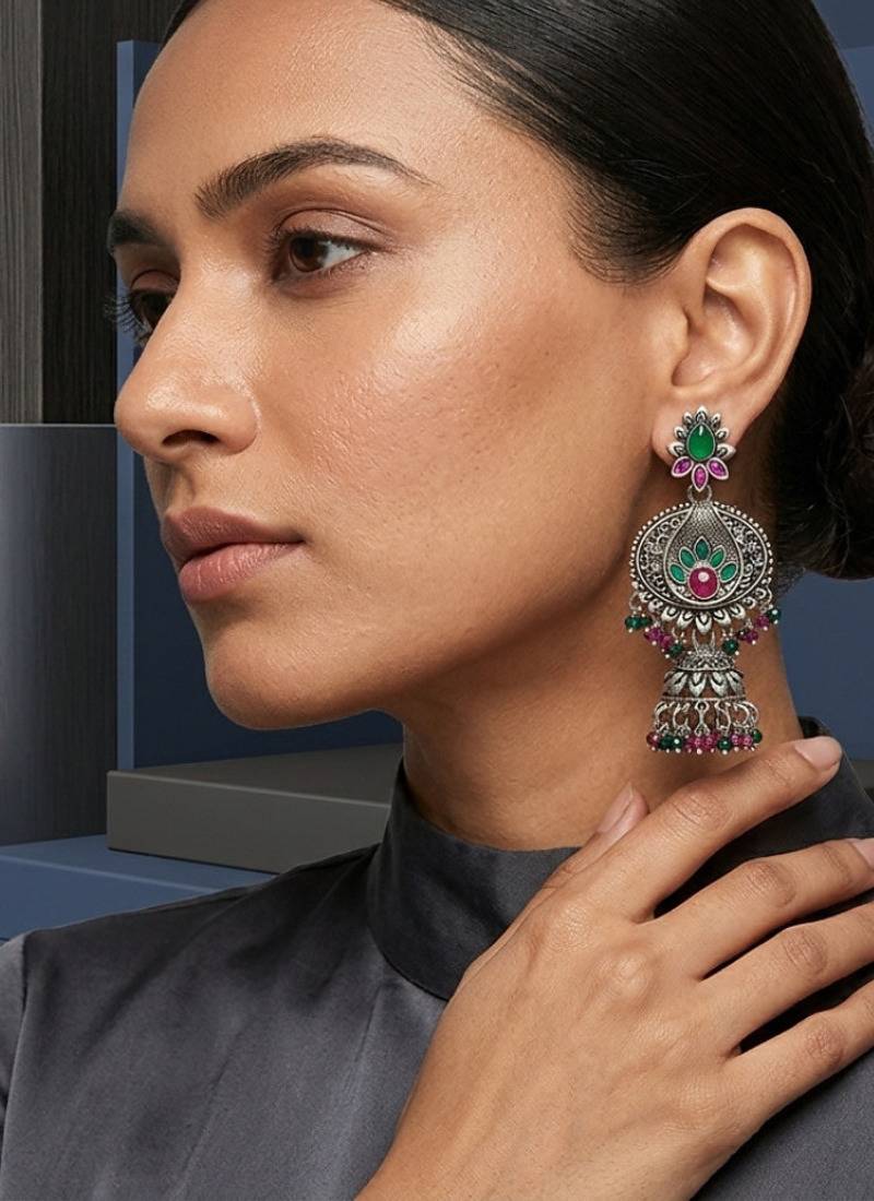 Oxidized silver-tone floral chandbali jhumka earrings with ruby & emerald-color accents