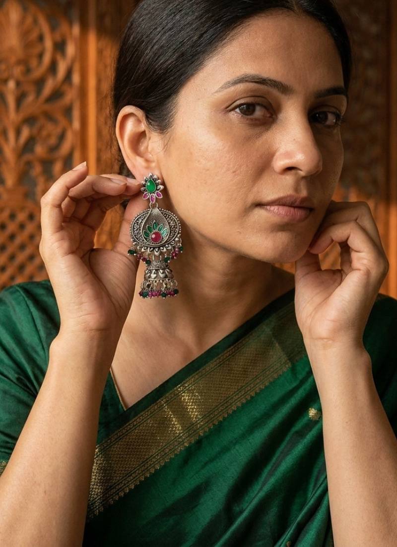 Oxidized silver-tone floral chandbali jhumka earrings with ruby & emerald-color accents