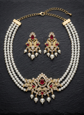 Elegant 3-layer faux pearl choker necklace set with ruby-red & clear stone pendant 1