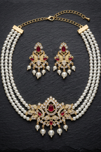 Elegant 3-layer faux pearl choker necklace set with ruby-red & clear stone pendant