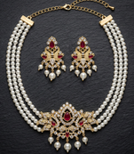 Elegant 3-layer faux pearl choker necklace set with ruby-red & clear stone pendant
