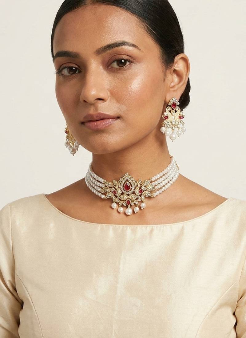 Elegant 3-layer faux pearl choker necklace set with ruby-red & clear stone pendant